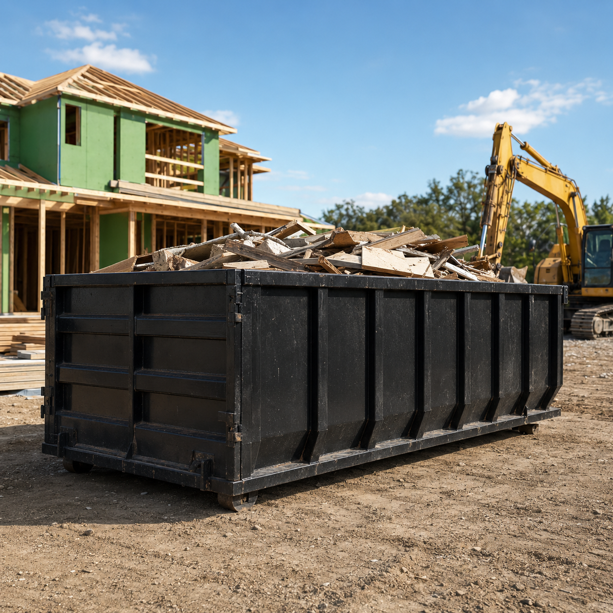Construction site with a black dumpster filled with debris, an excavator, and a partially built house with green insulation and wooden framework under a blue sky.