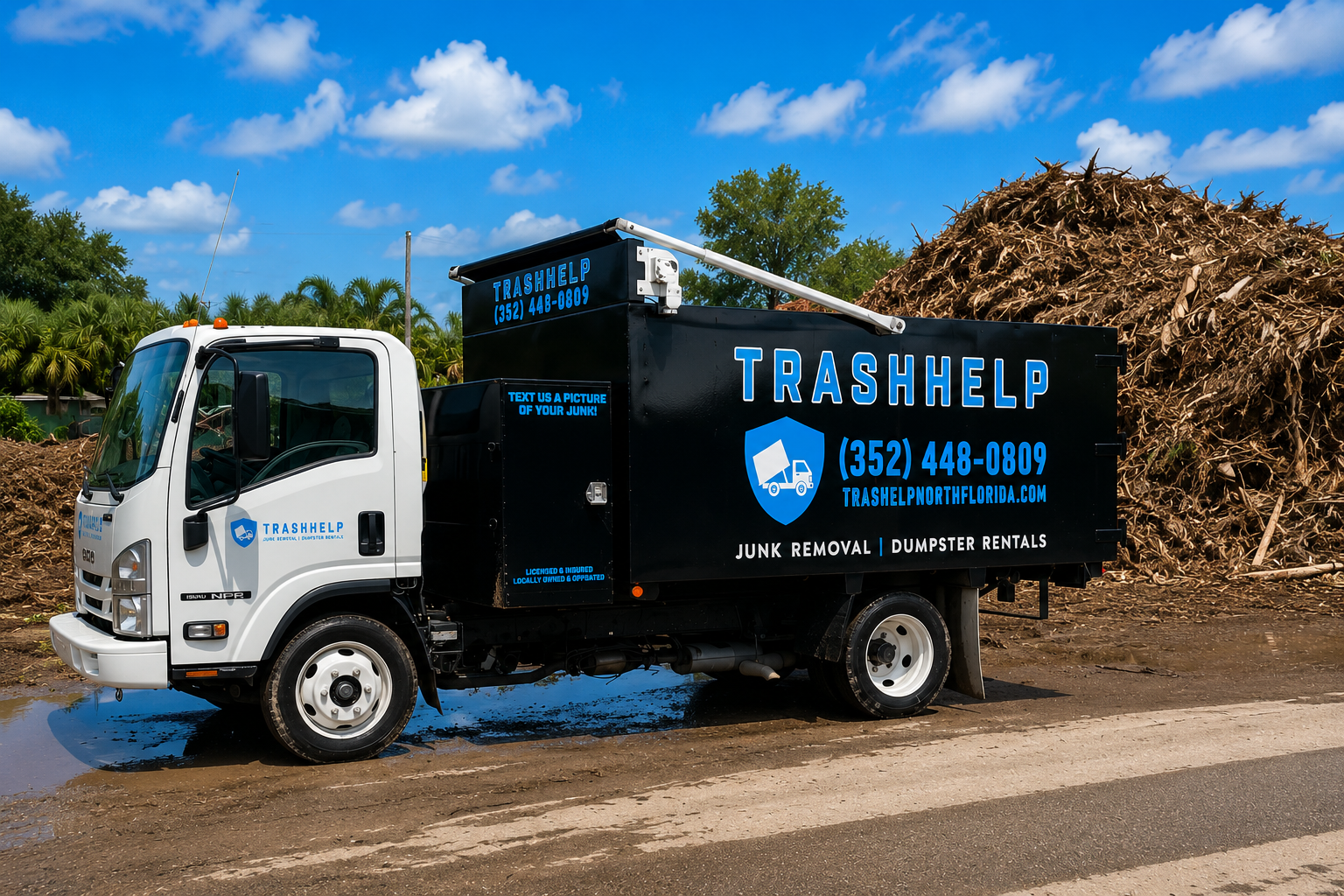 A trash removal truck labeled 'TRASHHELP' parked on the side of a dirt road with a large pile of brown debris behind it. The truck is white with blue text and logos, and the sky is partly cloudy with trees in the background.