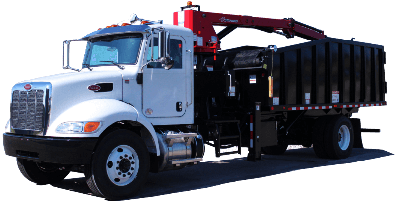 A white flatbed tow truck with a hydraulic lift and black cargo bed, equipped with a red crane, isolated on a black background.