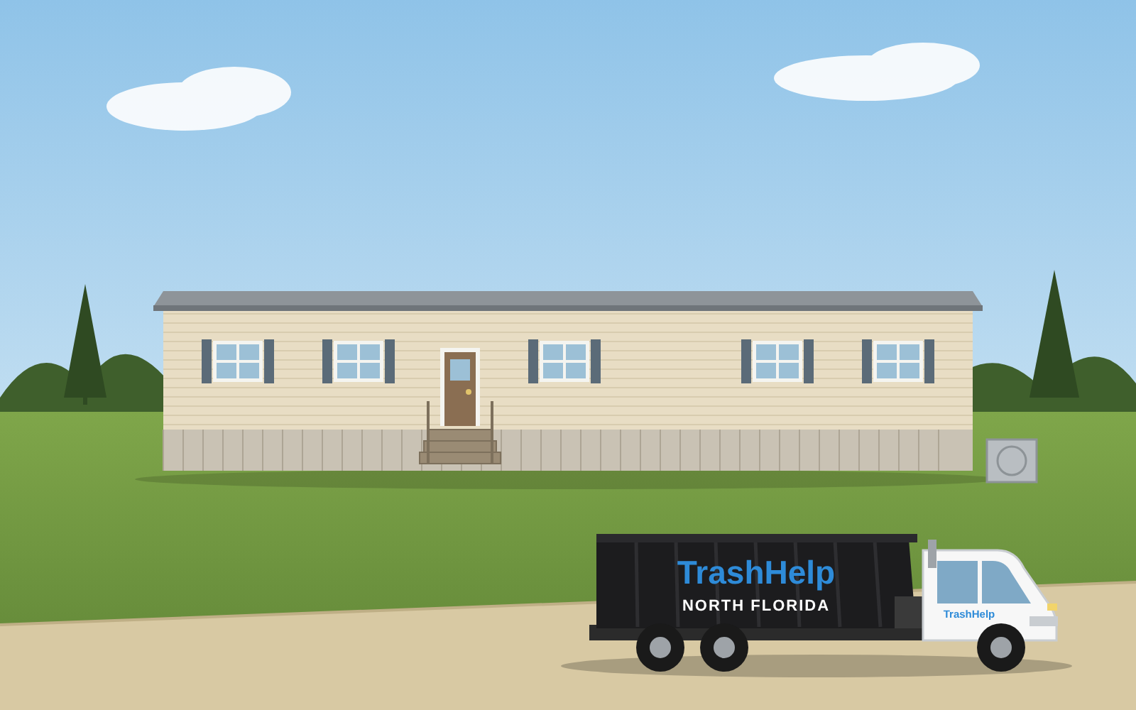 Single wide mobile home removal with trash help truck parked