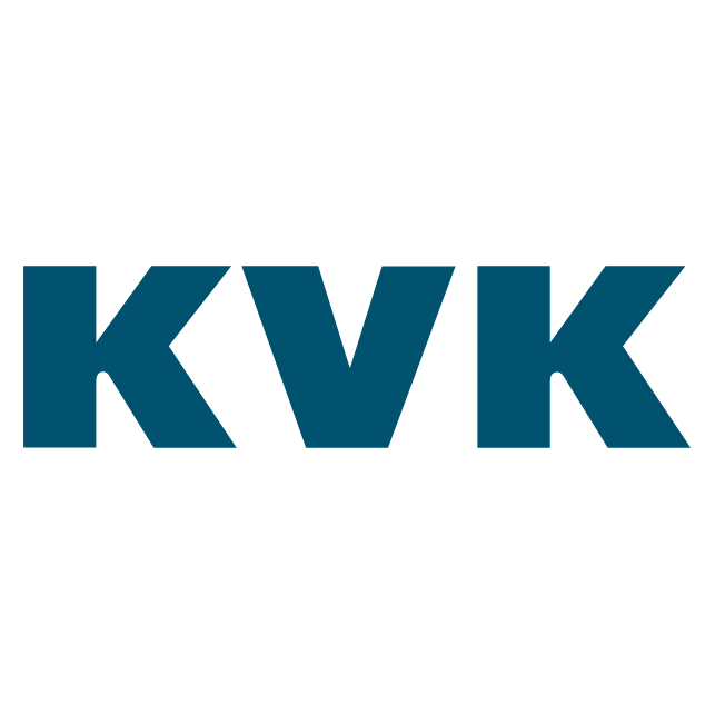 Logo met de letters 'kvk' in gedrukte, blauwe tekst op een witte achtergrond.