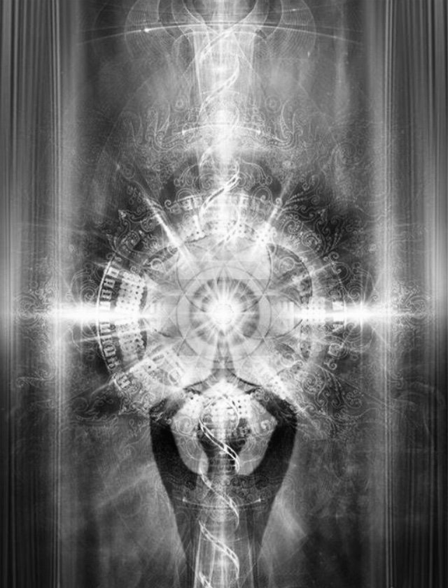 A monochrome digital artwork of a human head with a bright, glowing, intricate circular pattern resembling a clock or gear inside the skull. Light rays radiate outward, and abstract swirling lines extend above and below the head.