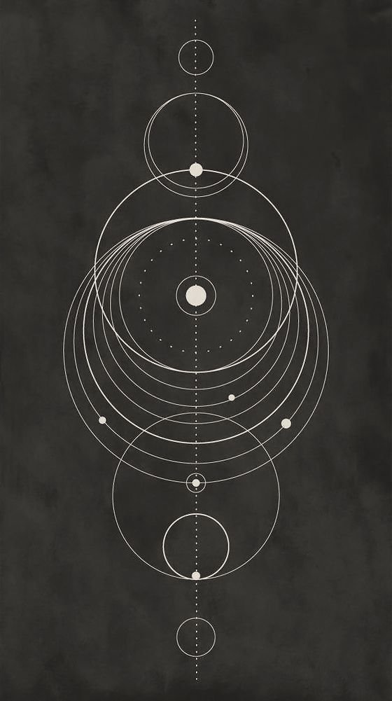A black background with white geometric circles and lines representing a solar system map or orbital diagram.