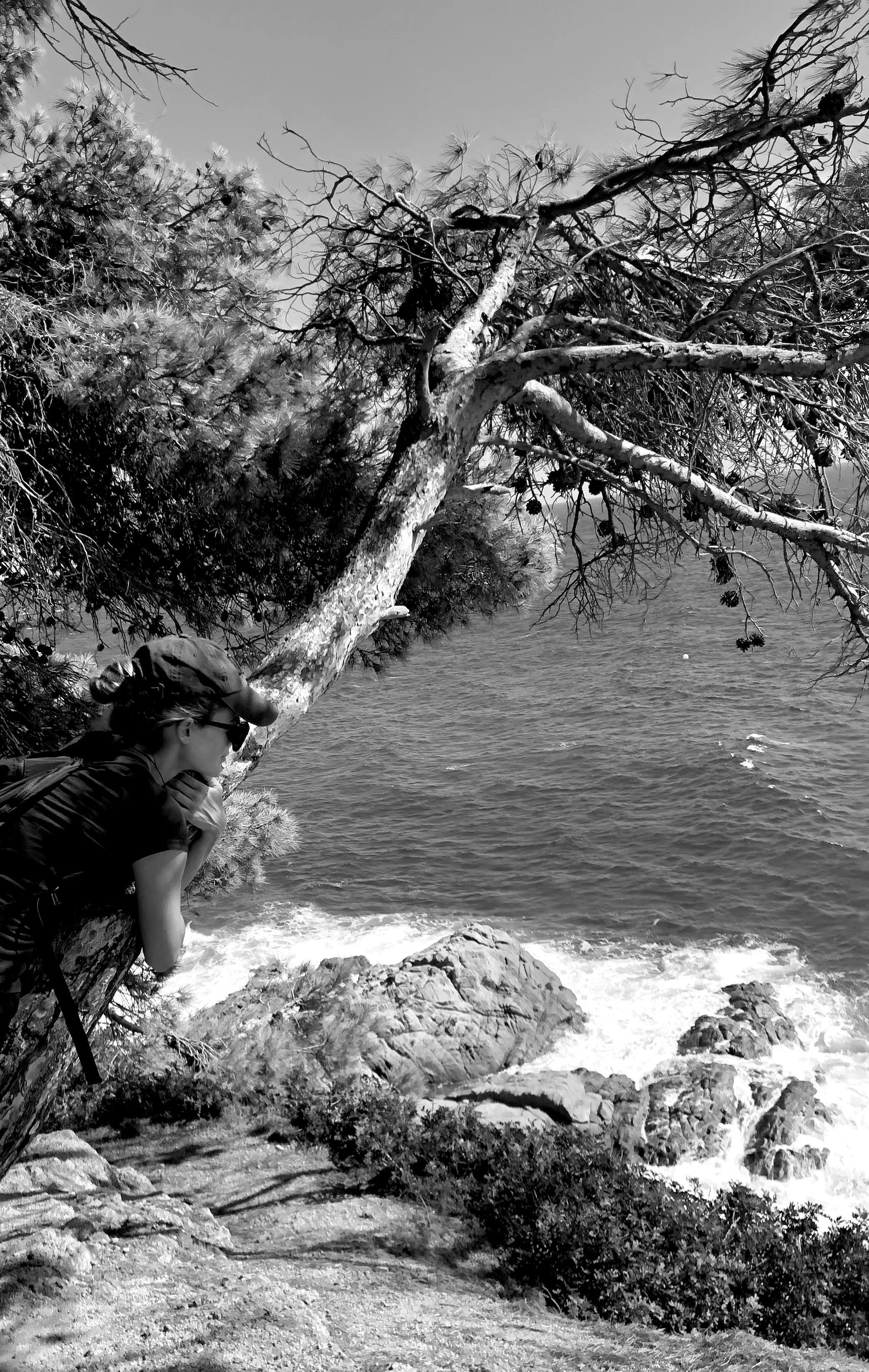 A person leans against a tree at a rocky shoreline, looking out over the water.
