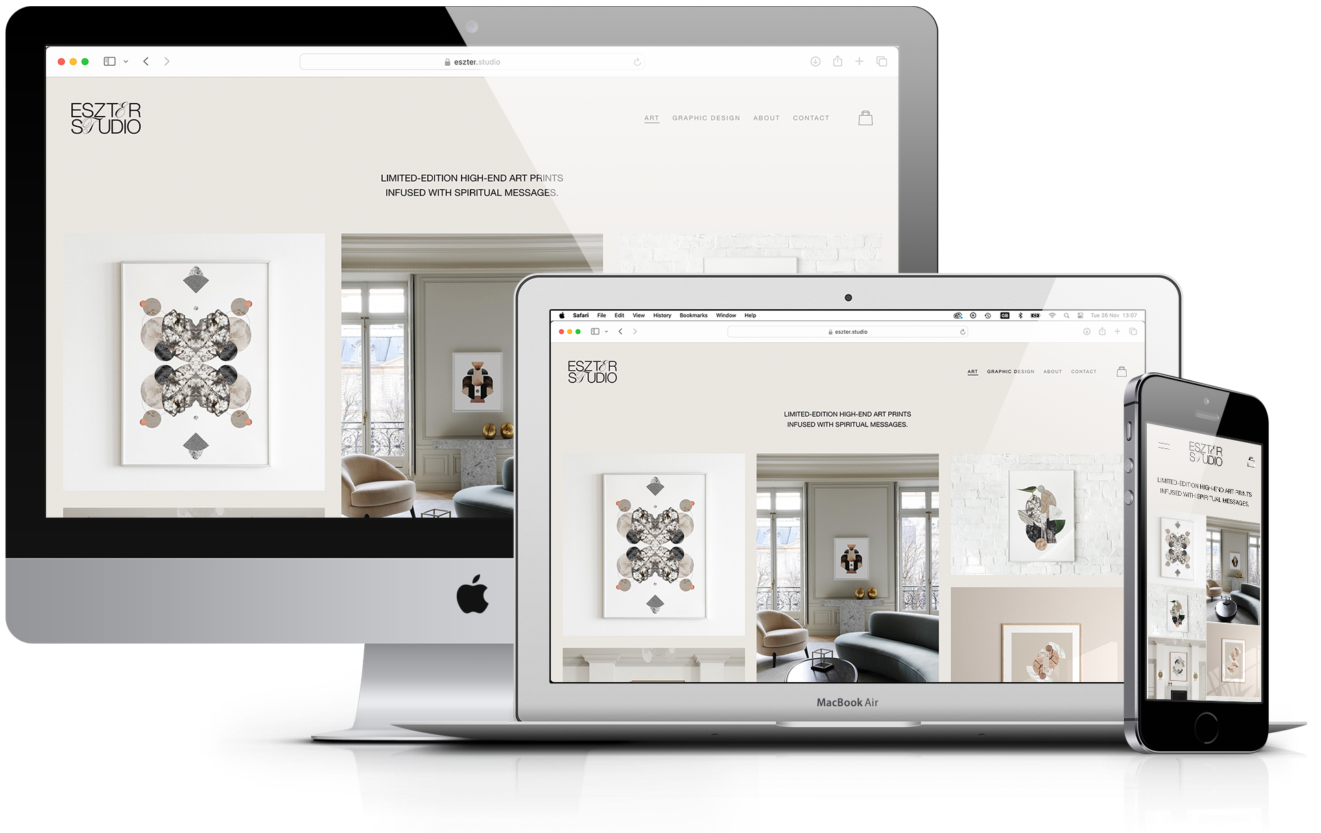 Multiple electronic devices, including a desktop computer, a laptop, and a smartphone, displaying a website for Eszter Studio featuring art prints in a bright, modern interior.