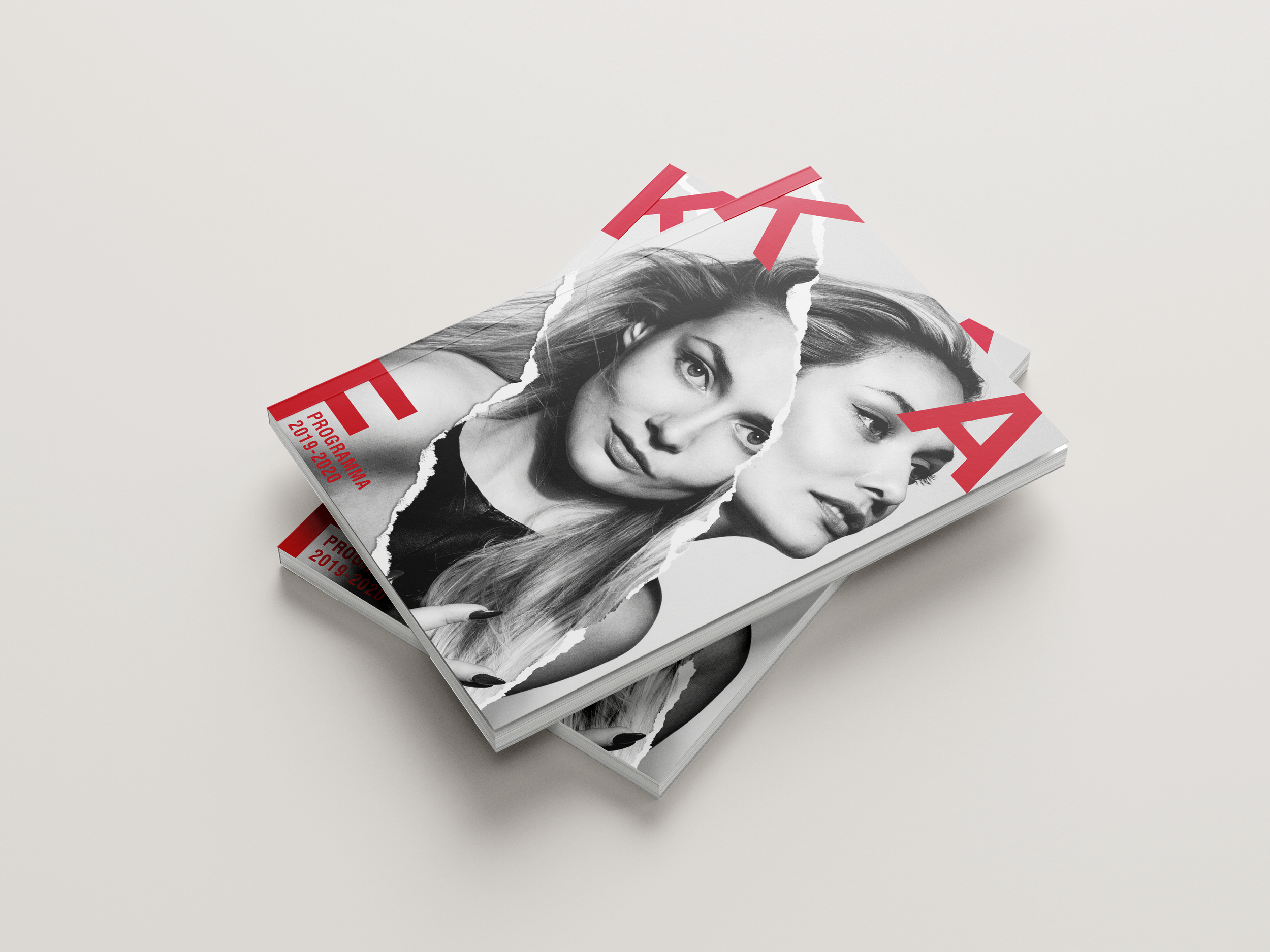 Stack of magazines with black and white cover photos of women, torn to reveal parts of their faces, on a white surface. Designed by Eszter Takacs, graphic designer.