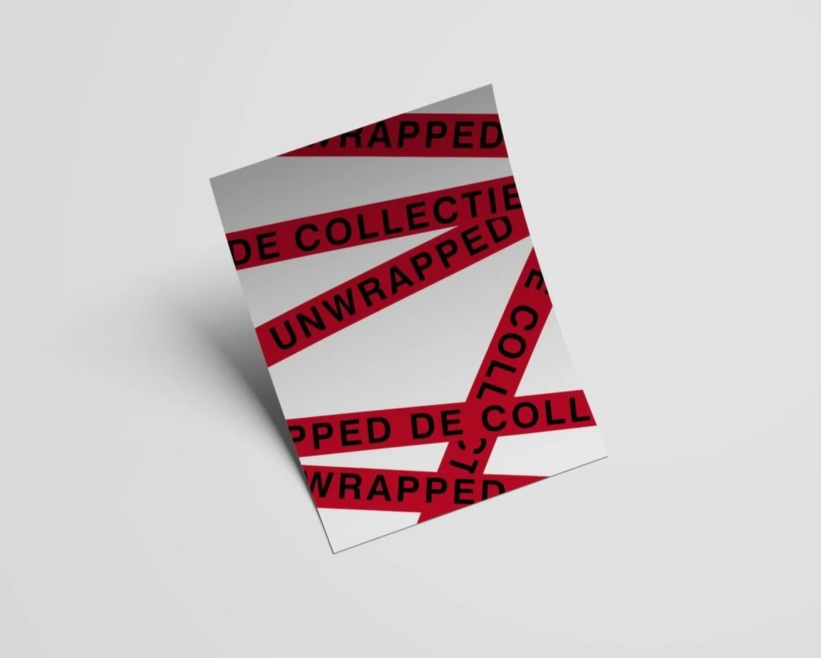 A white box with red and black striped tape reading 'DE COLLARED' and 'UNWRAPPED' in black text.