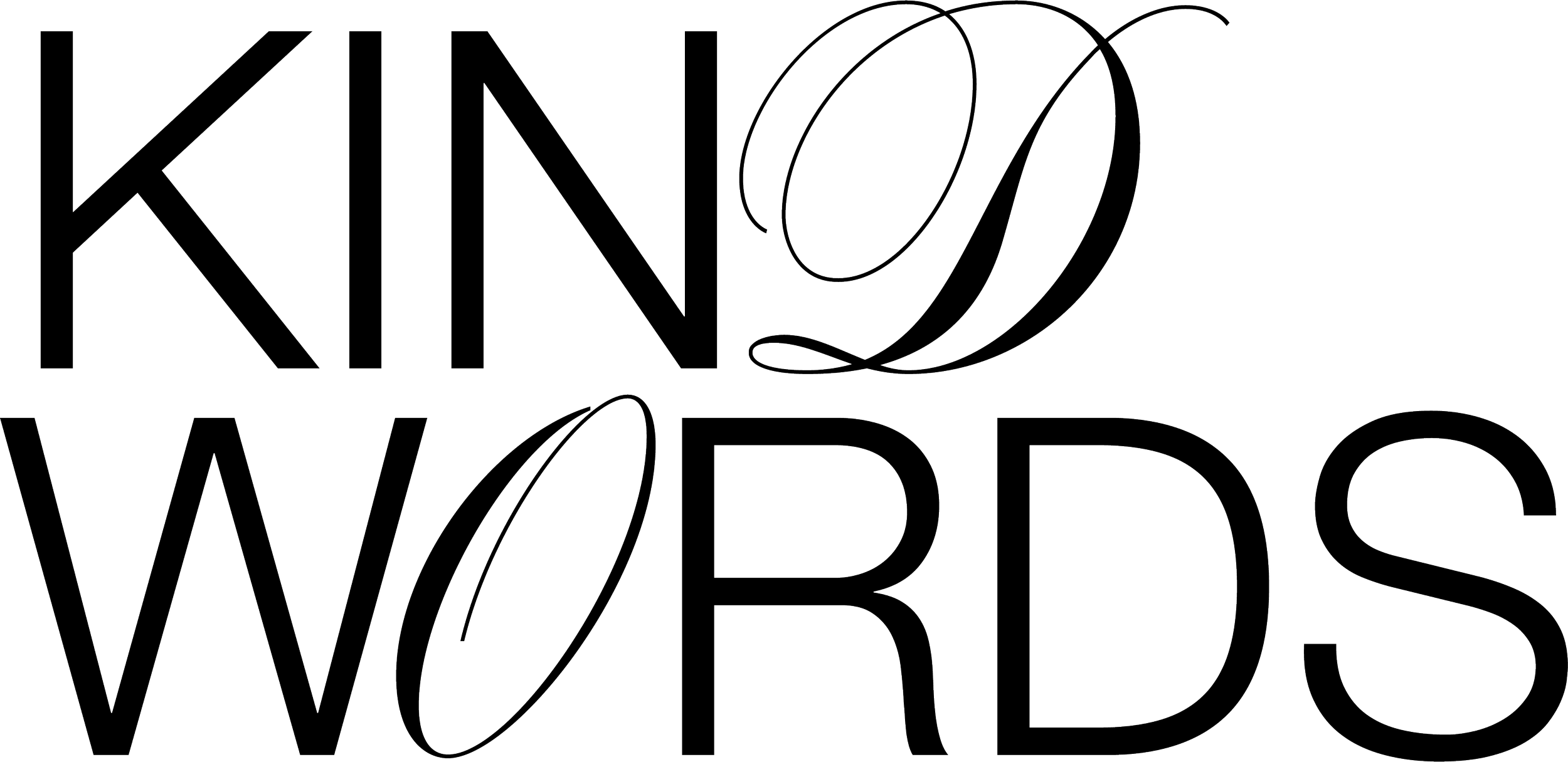 The words "KIND WORDS" outlined in a minimalist, thin-line style on a black background.