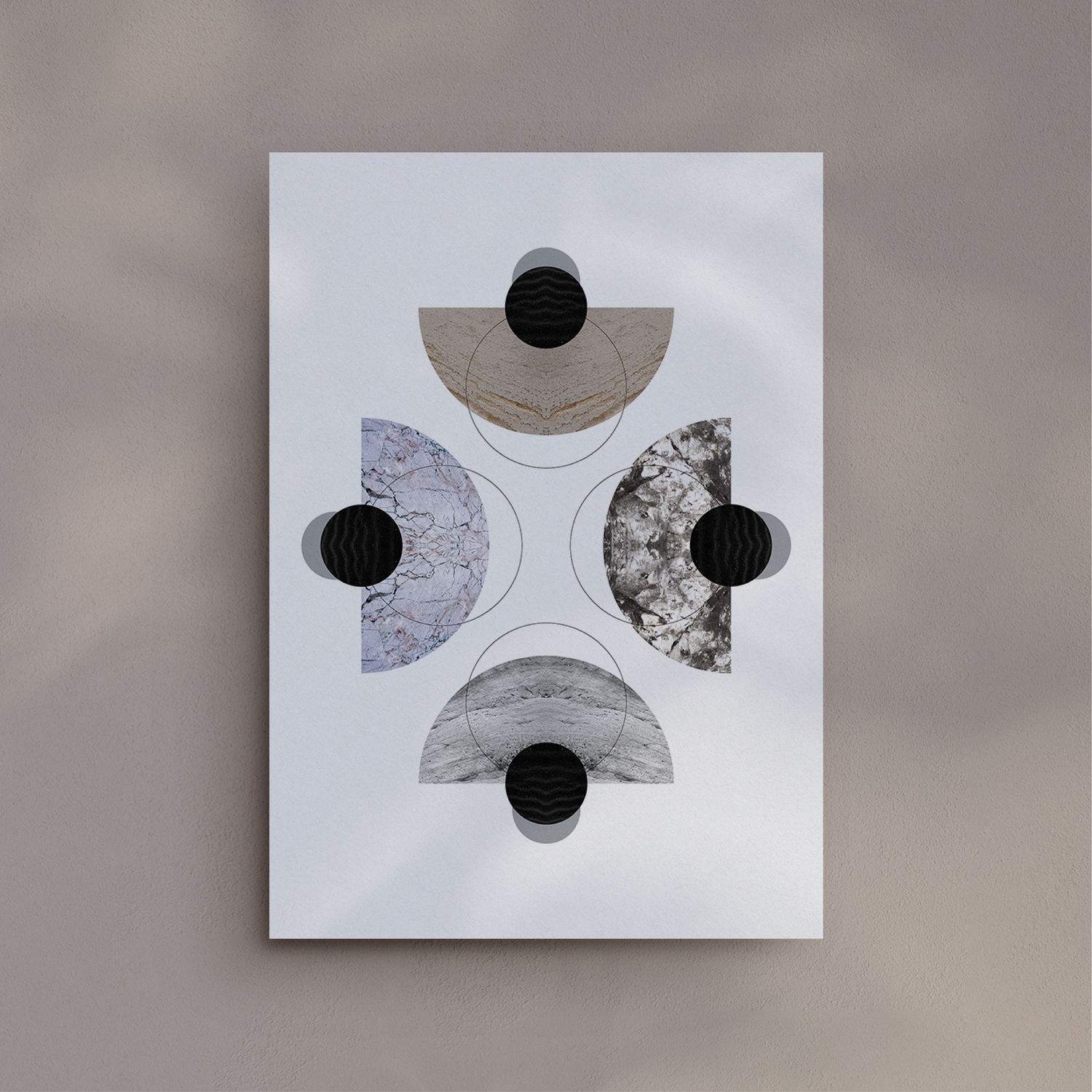 Abstract geometric artwork featuring semi-circular shapes with various textures and black circles on a white background.