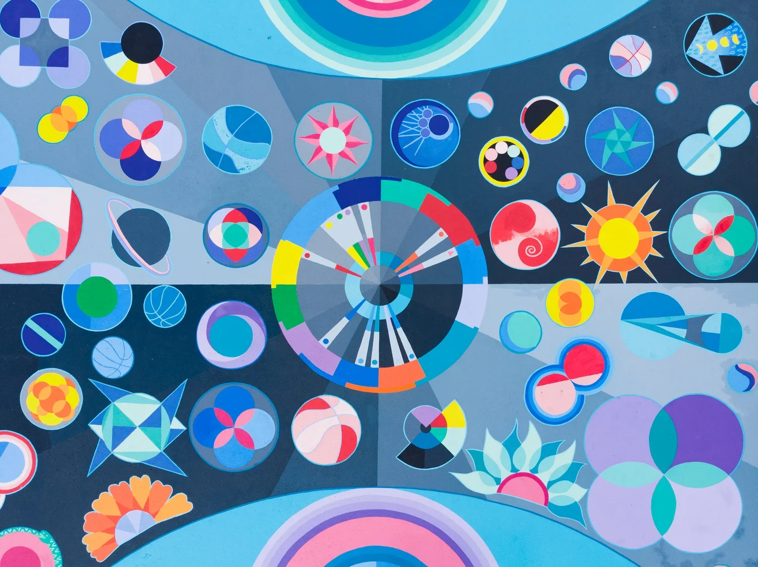 Colorful abstract artwork featuring various geometric and organic shapes, circles, and patterns arranged in a vibrant, dynamic composition.