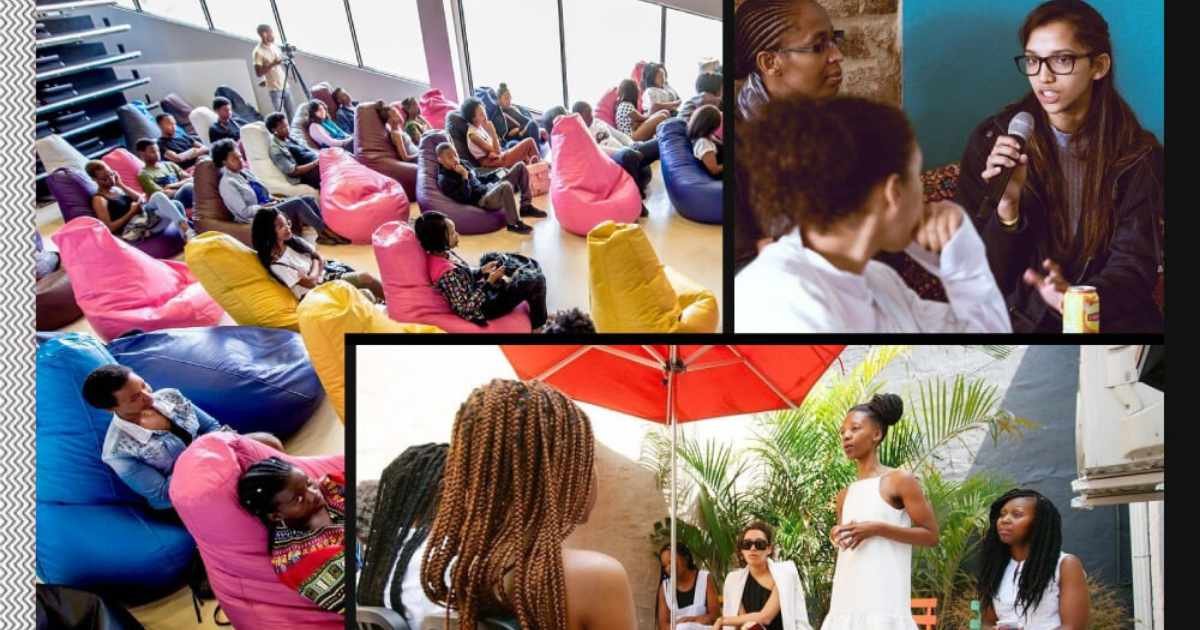 A collage of three images shows diverse groups of people in various settings. The top left image features children and some adults sitting on colorful bean bags and chairs in a bright room, attending a presentation or watching a performance. The top right image shows a woman speaking into a microphone while engaged in a conversation with two other women in an indoor setting. The bottom image depicts a woman in a white dress giving a speech or presentation outdoors to a small audience, with greenery and a red umbrella in the background.