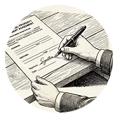 A person signing a document with a pen, with hands resting on a table for registrations