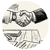 Drawing of two people shaking hands over a table with papers