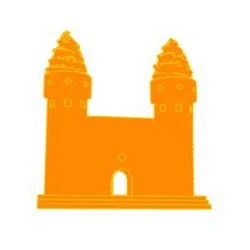 Silhouette of an orange castle with two towers and an arched entrance.