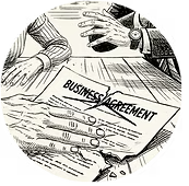 Two people shaking hands over a desk with a business agreement document.