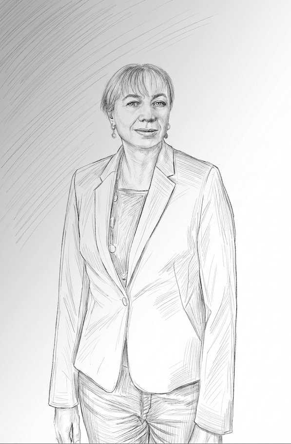 A sketch of the founder with short hair, wearing a blazer and blouse, standing against a simple background.