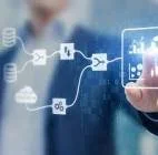 Digital technology with interconnected icons on a futuristic screen