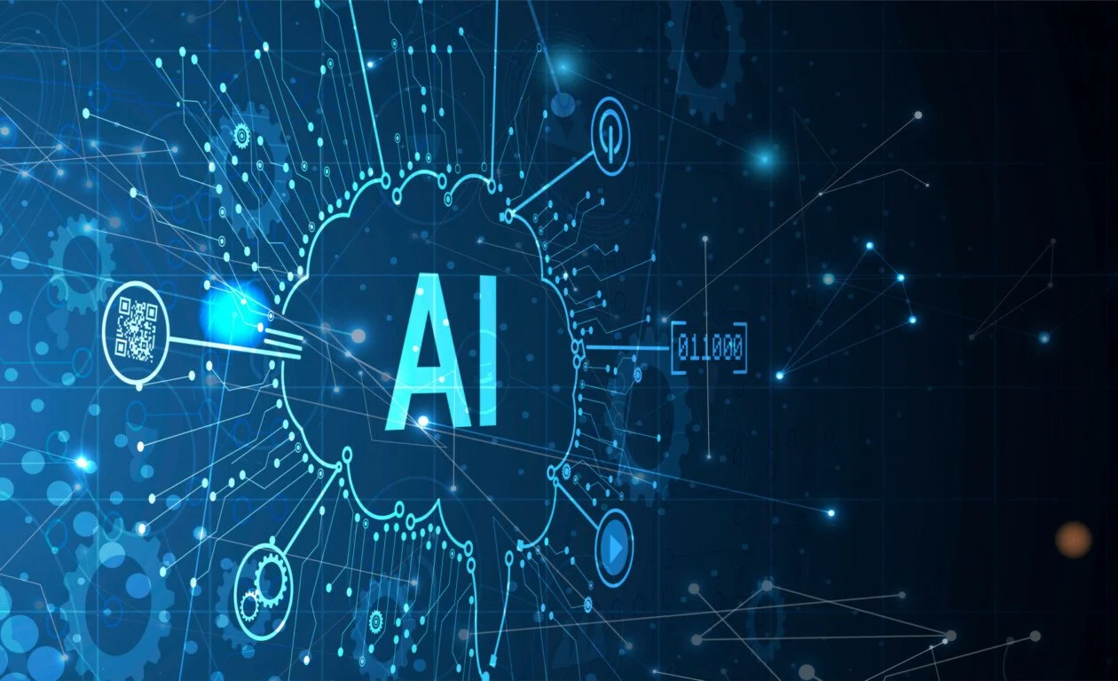Digital illustration of artificial intelligence with interconnected lines, gears, QR code, binary code, and icons on a dark blue background.