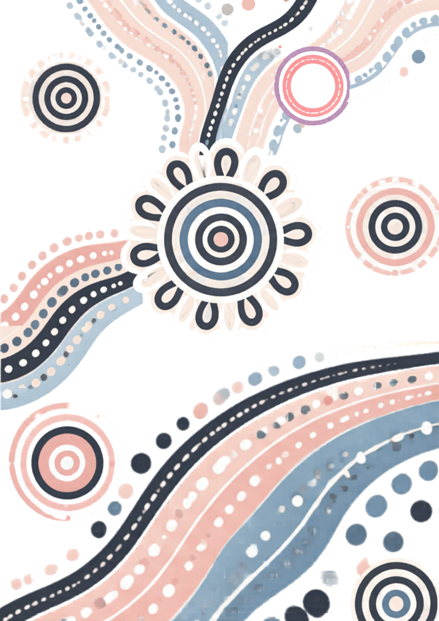 Abstract pattern with concentric circles, wavy lines, and dotted designs in pastel pink, blue, black, and white.