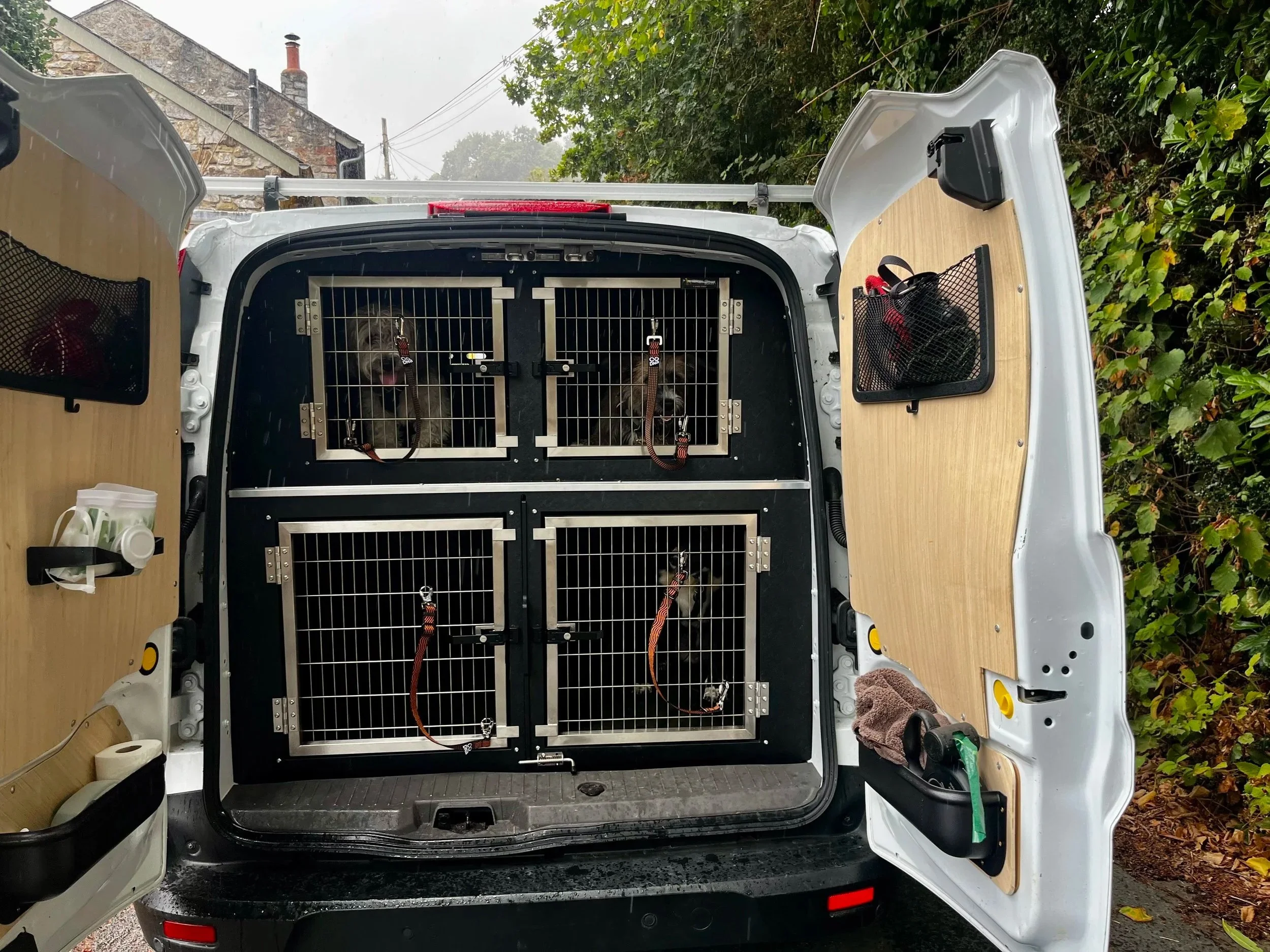 Back van doors open with 3 dogs in cages