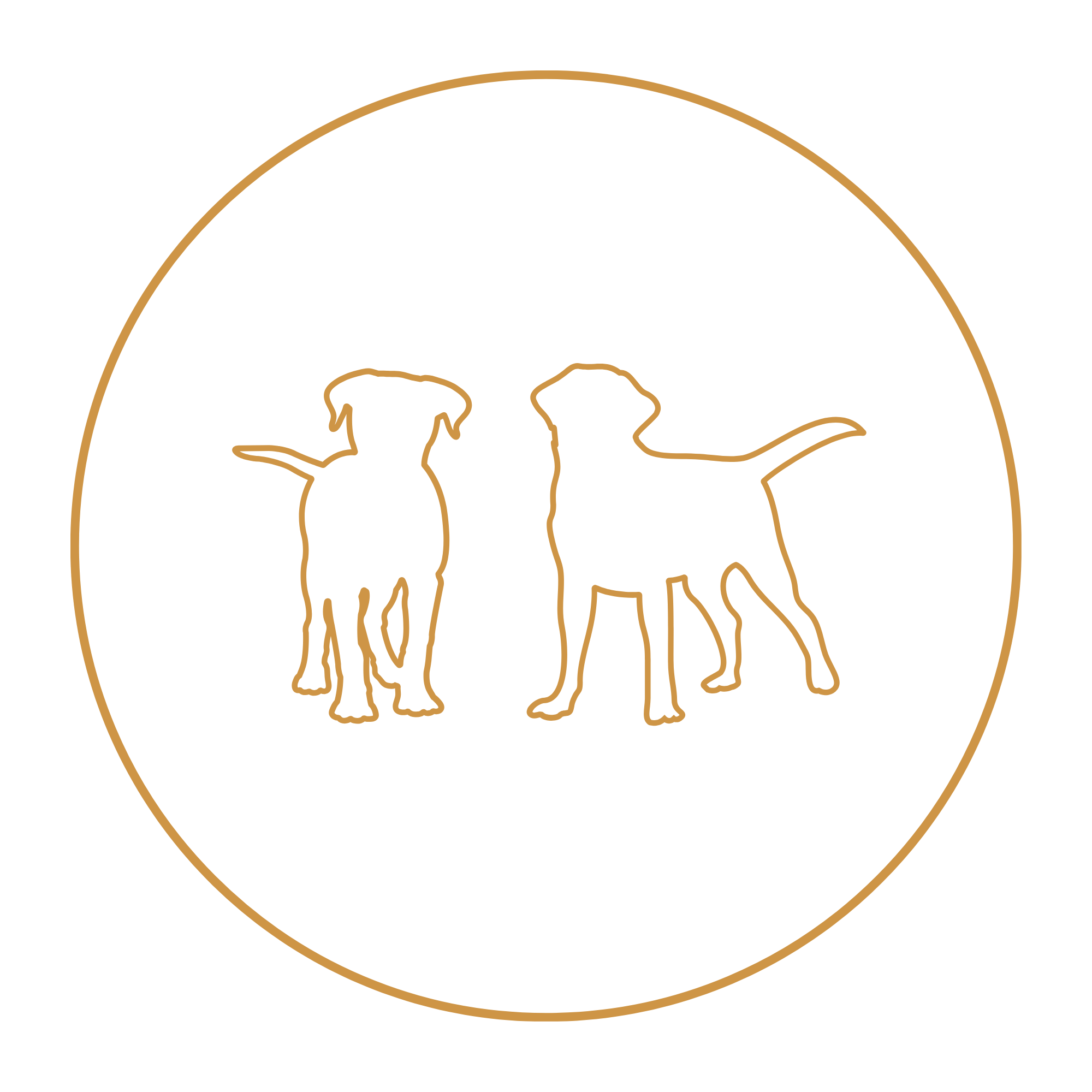 Outlines of two dogs facing each other in golden circle