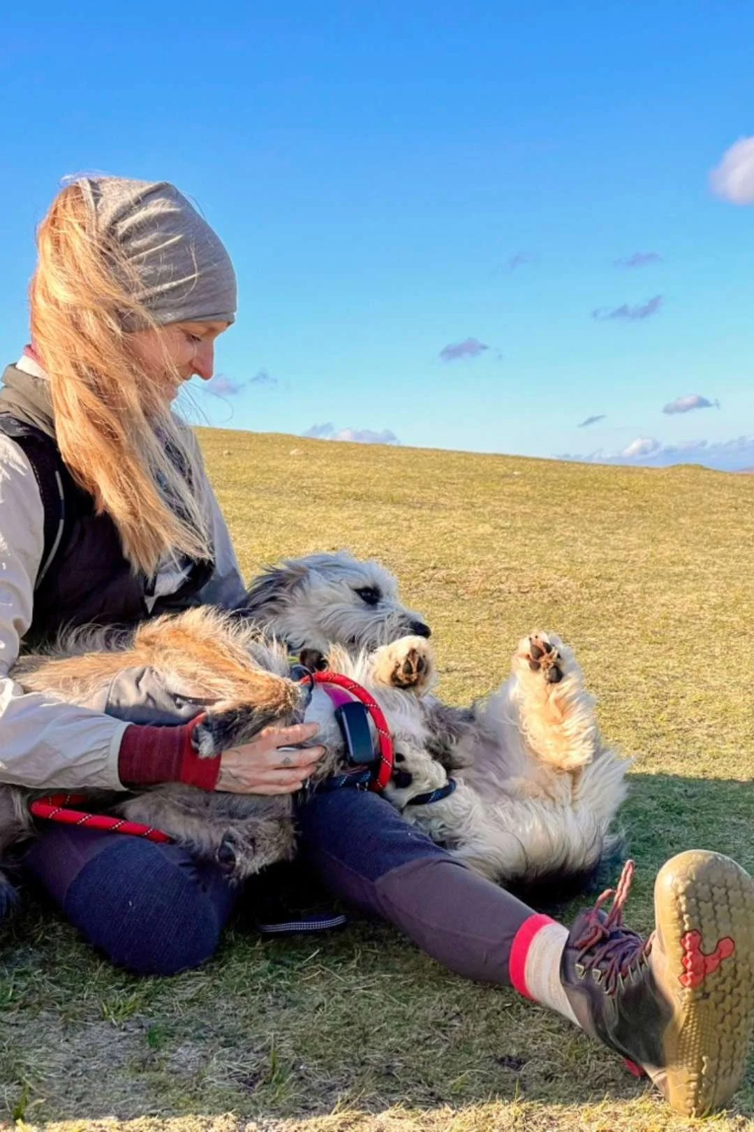 Julia Austin sitting in grass on a sunny day cuddling two rescue dogs