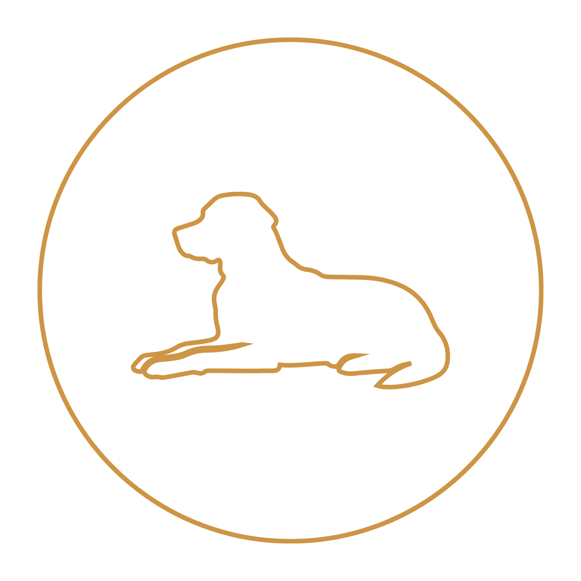 Outlines of a dog lying down in golden circle