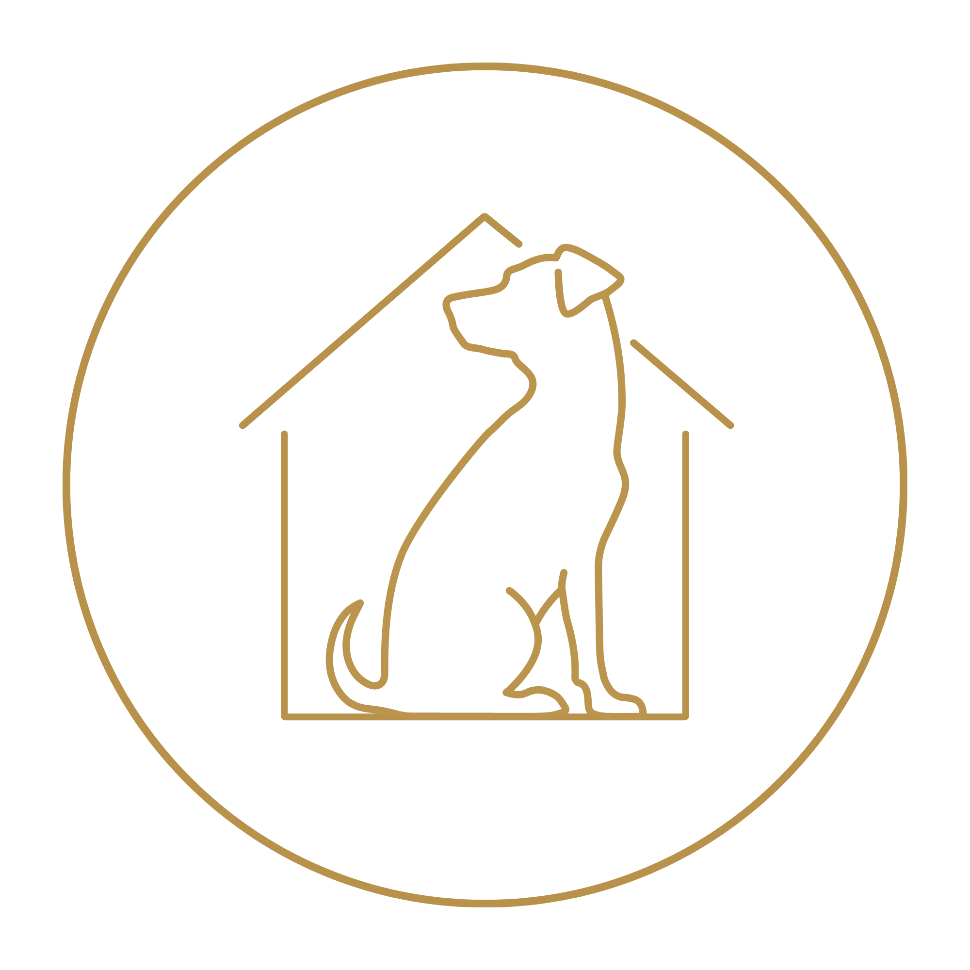 Outlines of sitting dog in front of house icon in golden circle