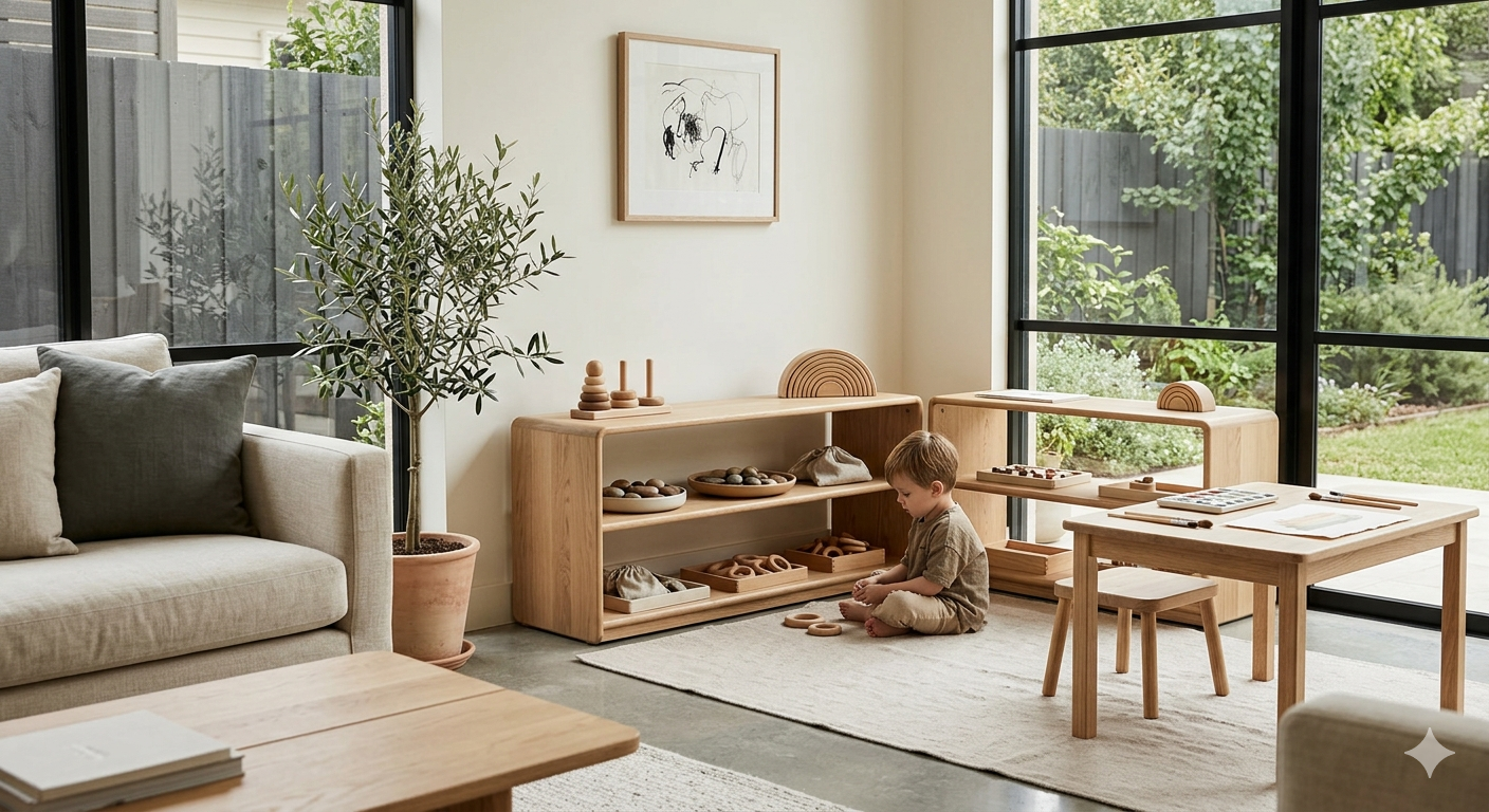 A child sitting on a beige rug playing with wooden toys in a bright living room with large windows, a beige sofa, a light wood bookshelf, and a table with matching stools.