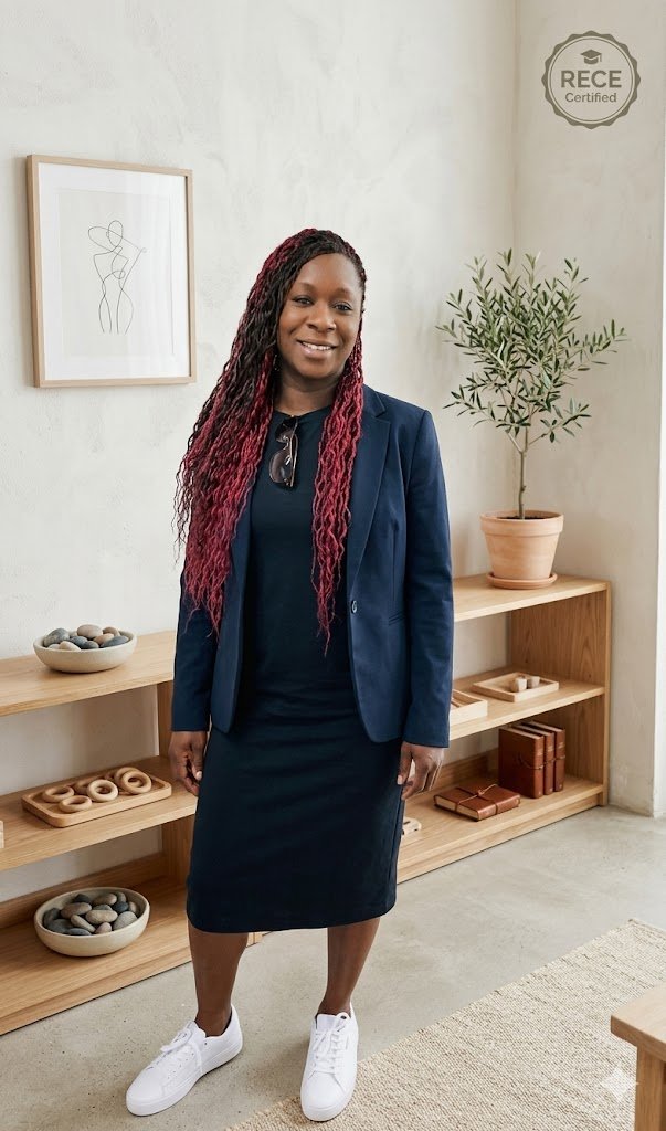 Woman with red braids dressed in a black dress and navy blazer standing in a modern, minimalistic room with wooden shelves, potted plant, and abstract artwork.
