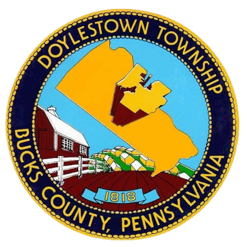 Seal of Doylestown Township, Bucks County, Pennsylvania, showing a map outline, a barn, a landscape with a field, and the year 1818.