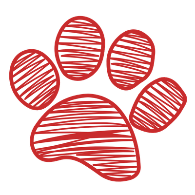 Red paw print with white horizontal lines.