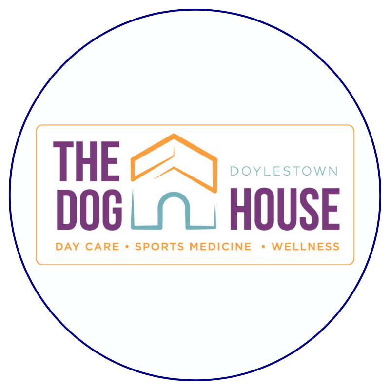 Logo for 'The Dog House Doylestown' featuring a stylized dog house, with services listed below: day care, sports medicine, wellness.