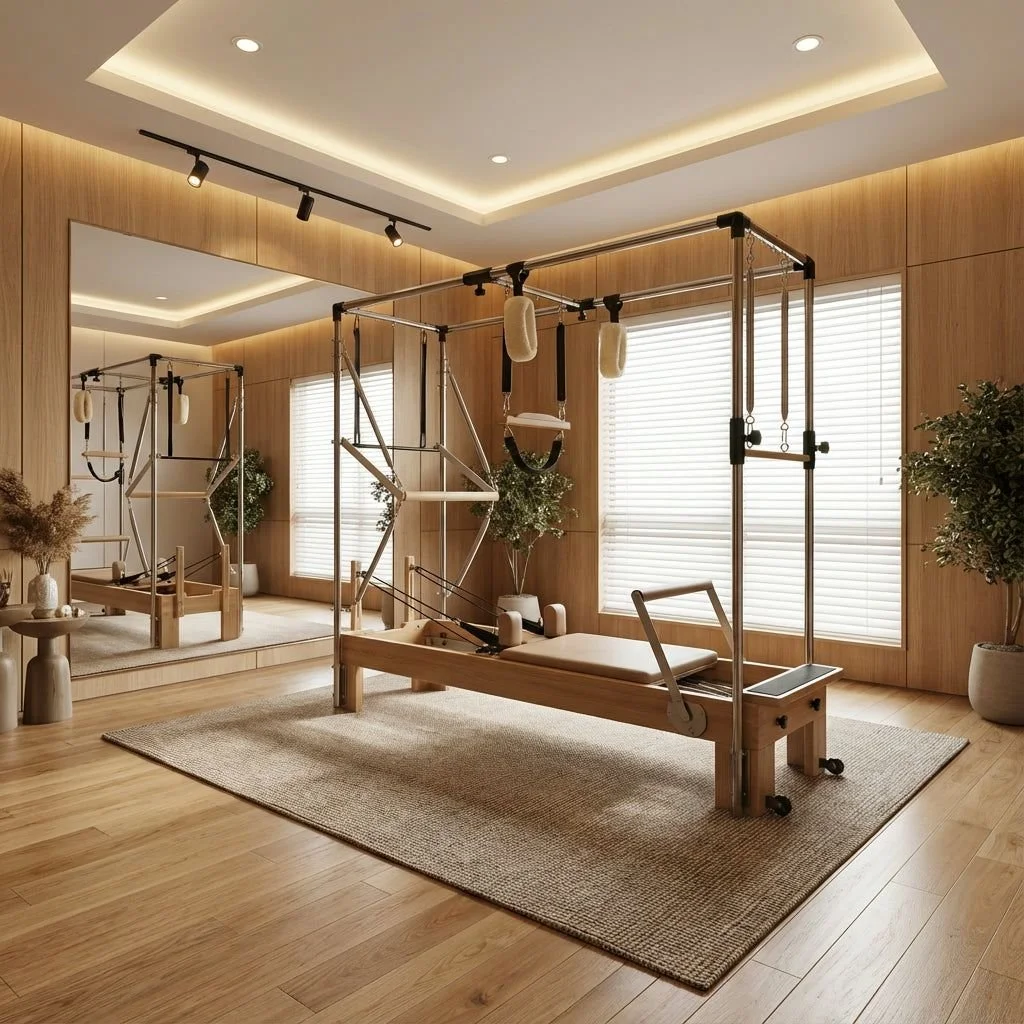 A Pilates studio with wooden flooring, large windows with blinds, and a mirrored wall. There are Pilates reformer machines, and the room is decorated with plants and warm lighting.