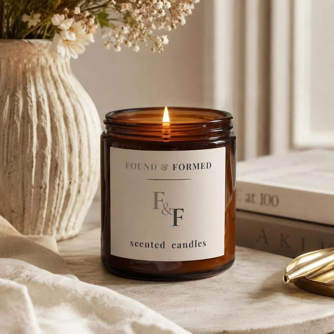 A lit scented candle in a brown glass jar on a wooden surface, with a vase of white flowers, books, and a gold object nearby.