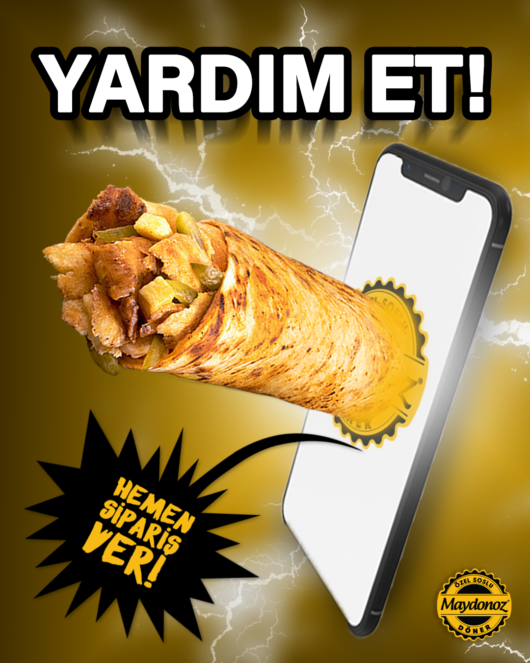 A burrito emerging from a smartphone screen with lightning in the background, accompanied by Turkish text "YARDIM ET!" and "HEMEN SIPARİŞ VER!"