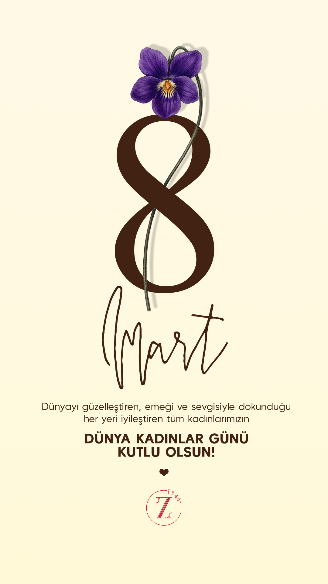 A greeting card for International Women's Day featuring a purple flower, the number 8, and Turkish text celebrating women.