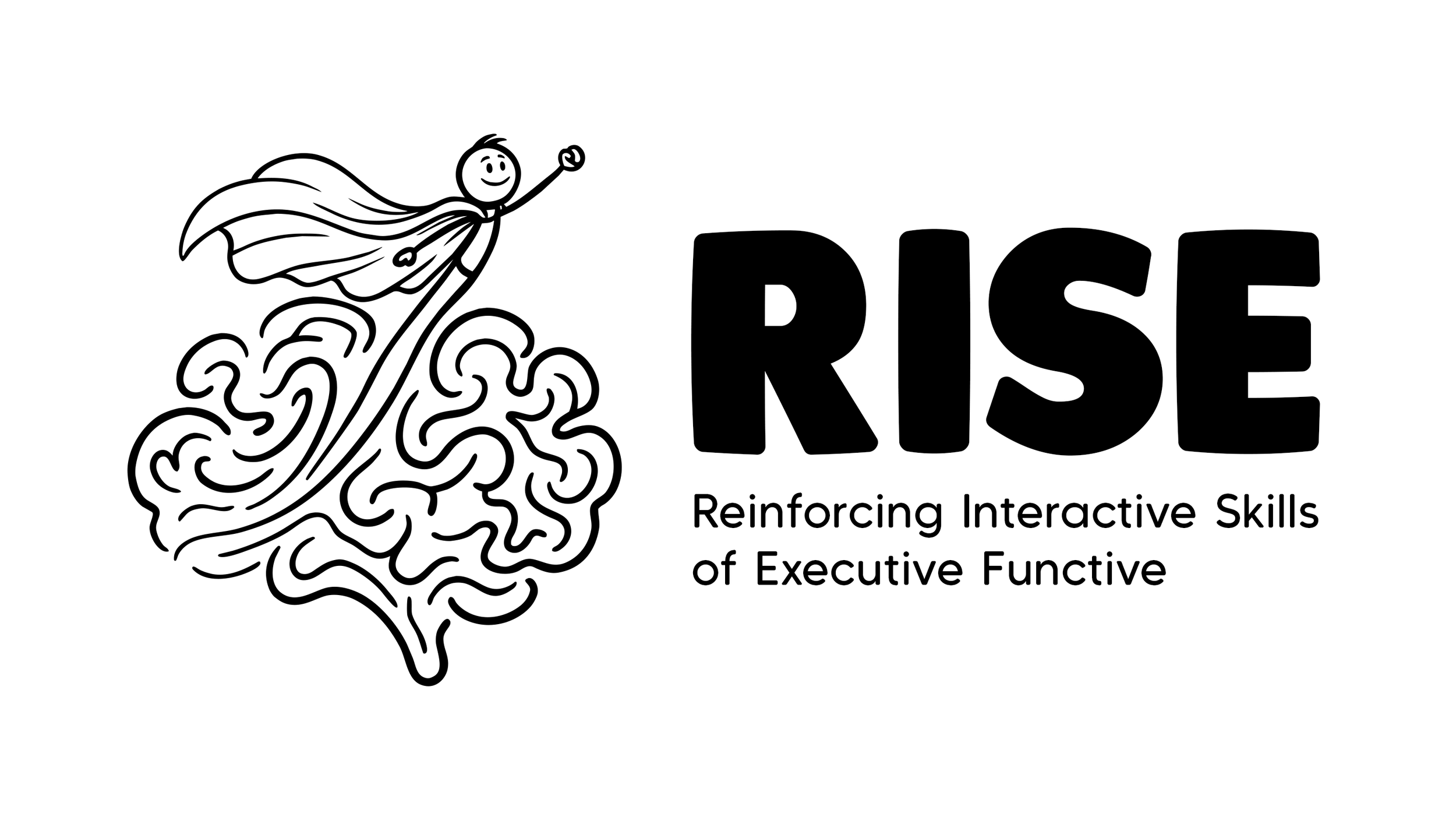 A black and white logo of a person in a superhero cape riding a stylized brain, with the word 'RISE' in bold letters and the tagline 'Reinforcing Interactive Skills of Executive Function' underneath.