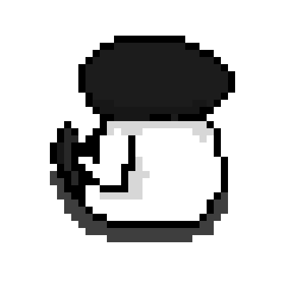 Pixel art of a white teapot with a black handle and lid, set against a green background.