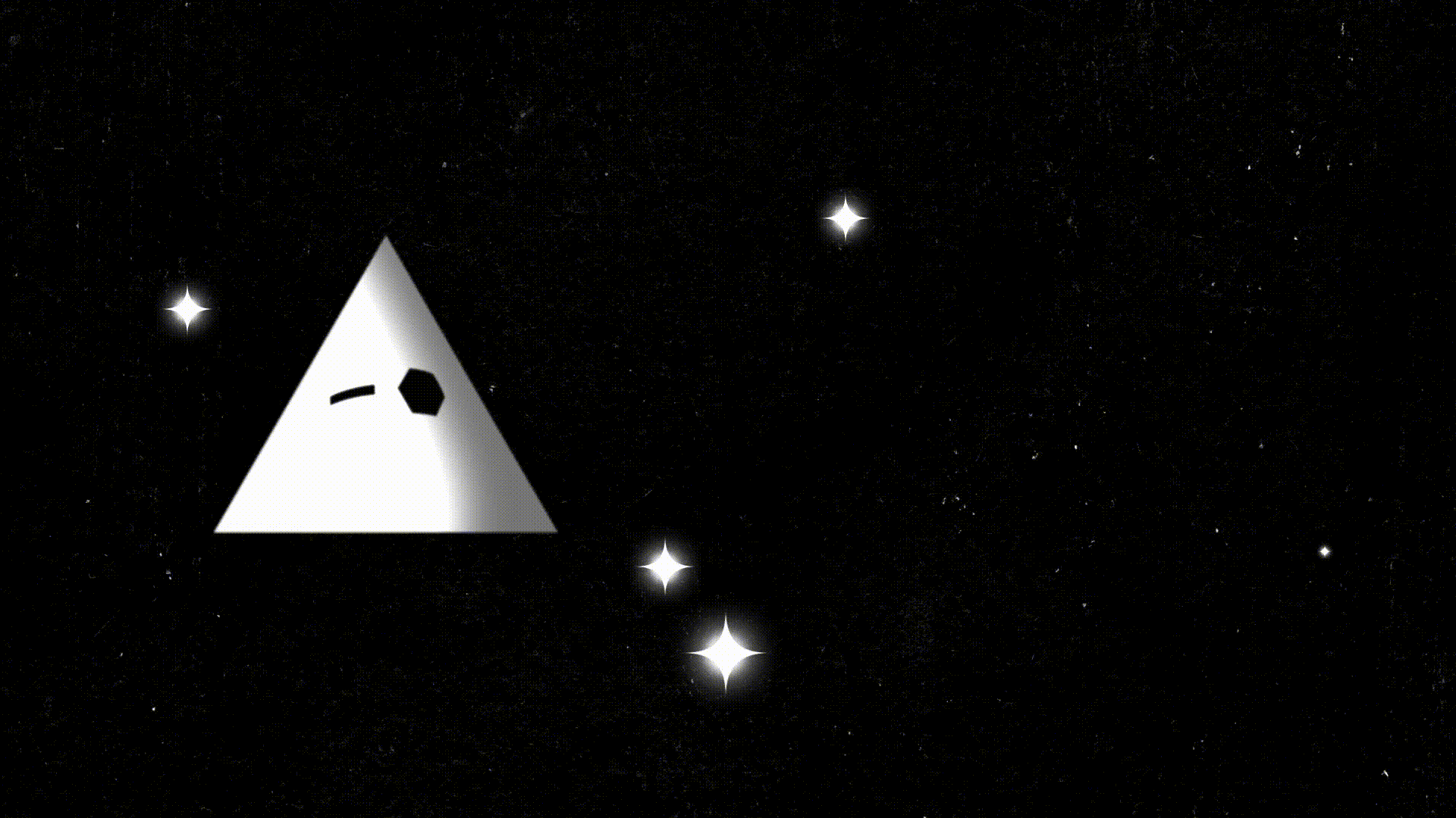 A white triangle with facial features is floating in space among stars.