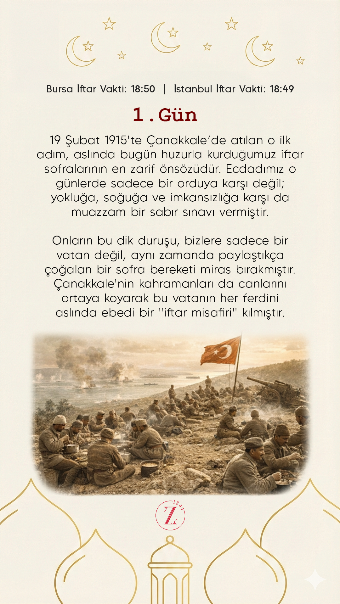 An image of Turkish soldiers sitting by a river, with a Turkish flag, during wartime, with smoke rising in the background. The top of the image displays crescent moons and stars, while the bottom features an outline of domes.