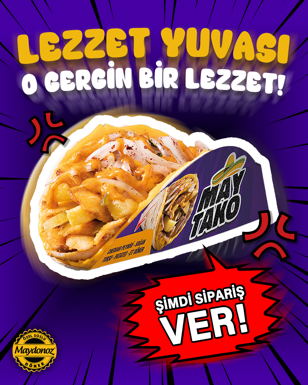 A promotional poster in comic book style with bold text and graphics, advertising Maydonoz Döner food product, featuring a close-up of a wrapped döner sandwich and a call-to-action to order now.