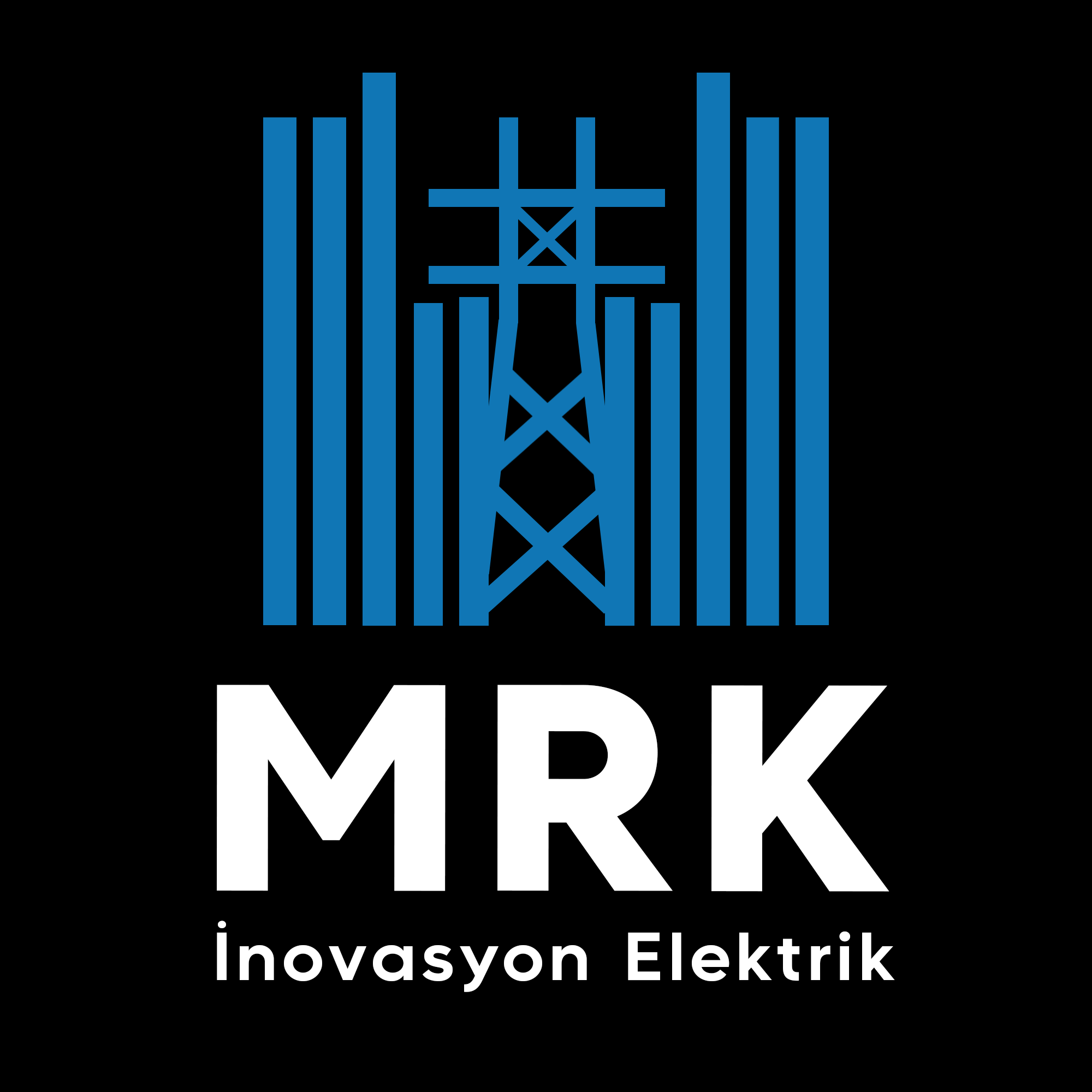 Logo with a transmission tower and vertical blue lines, with the words 'MAVI' and 'İnovasyon Elektrik' below.
