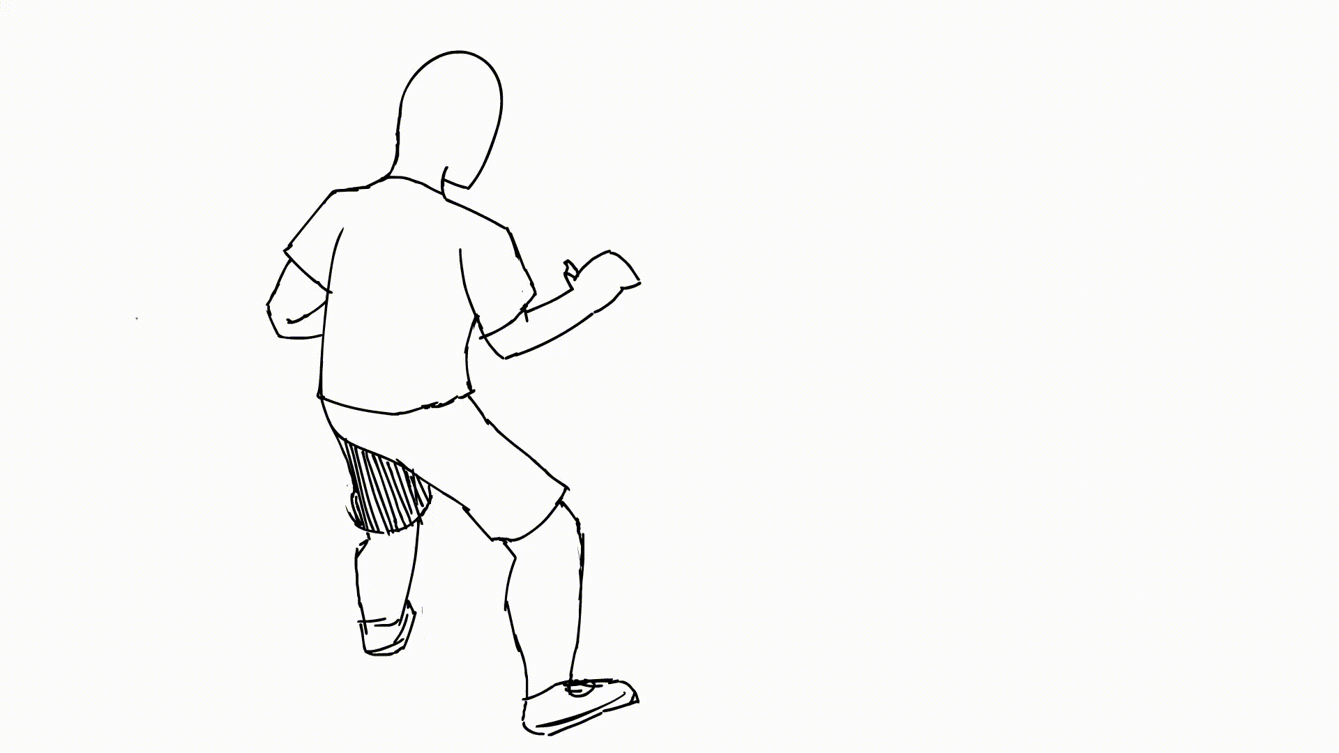 Line drawing of a person jogging or running, wearing shorts and a T-shirt, with one arm bent and the other holding an object.