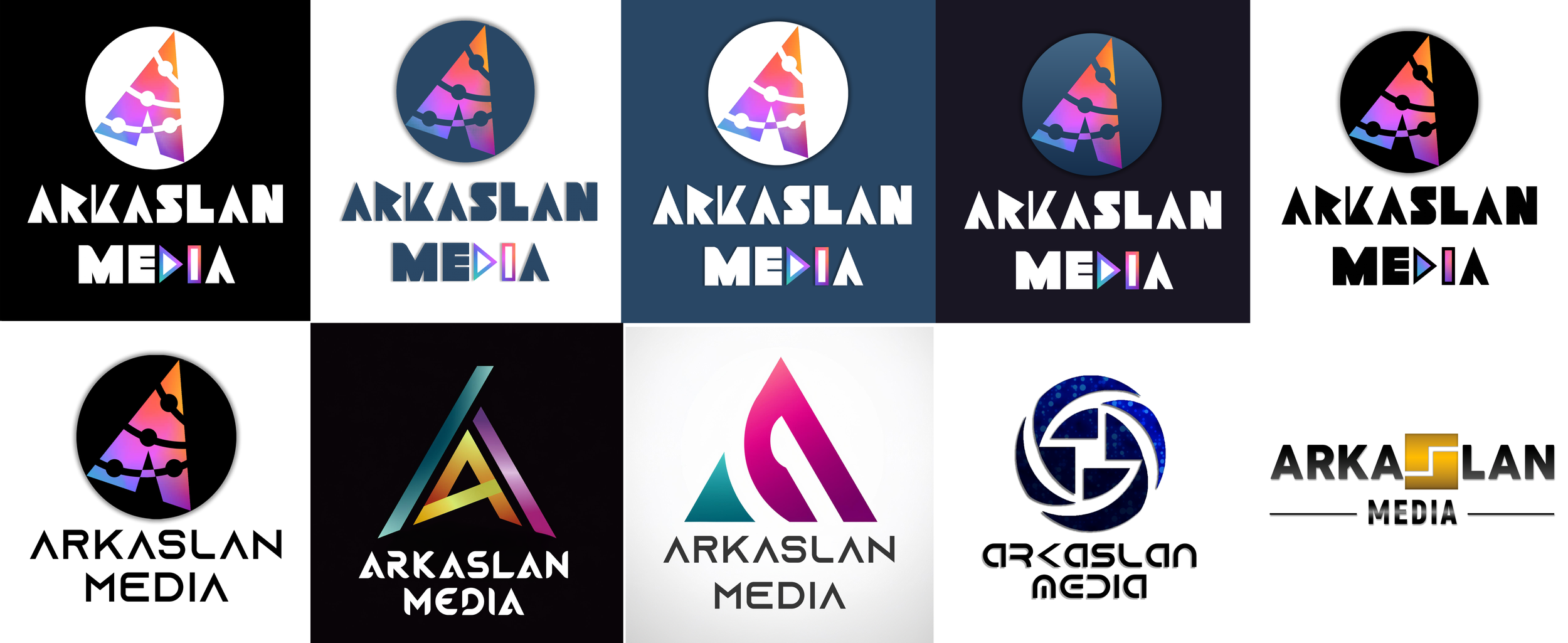 Collection of logos for Arkaslan Media, each featuring a stylized, colorful abstract graphic above the text 'ARKASLAN MEDIA' in various font styles and color schemes.