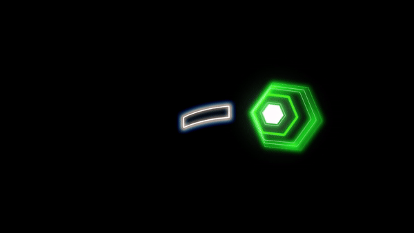 Neon green and blue digital shapes and hexagon in a dark background.