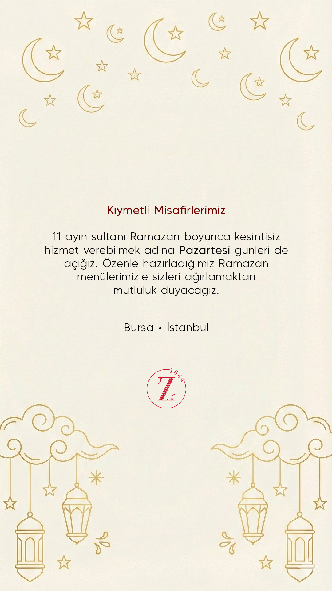 A welcoming message in Turkish for guests attending Ramadan meals, with star and moon decorations and lantern illustrations.