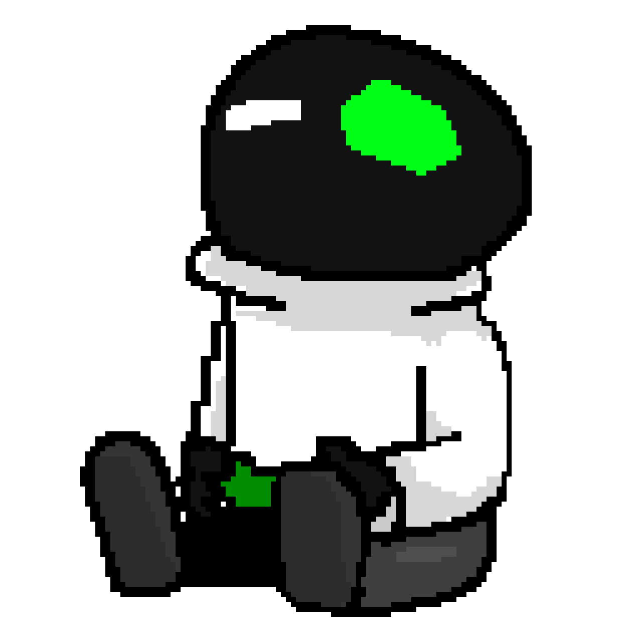 Pixel art-style robot with a large black circular head, green eye, white body, black arms, and gray legs, sitting down on a black background.