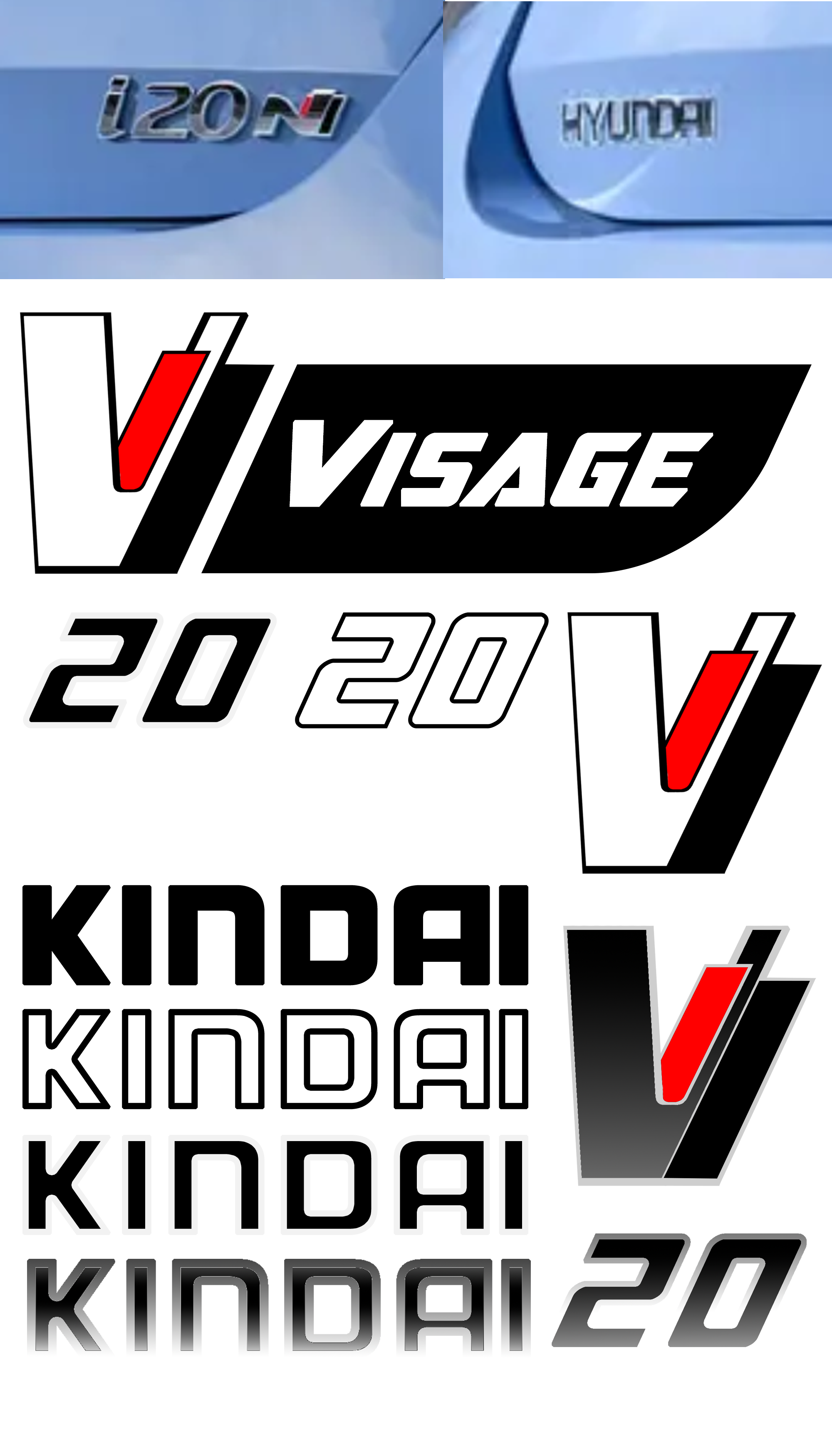 A collection of Kia automobile badges and logo stickers, including 'i20 N' model badges, 'Hyundai' badges, and 'Kia' logos, in various sizes and styles, arranged on a surface.