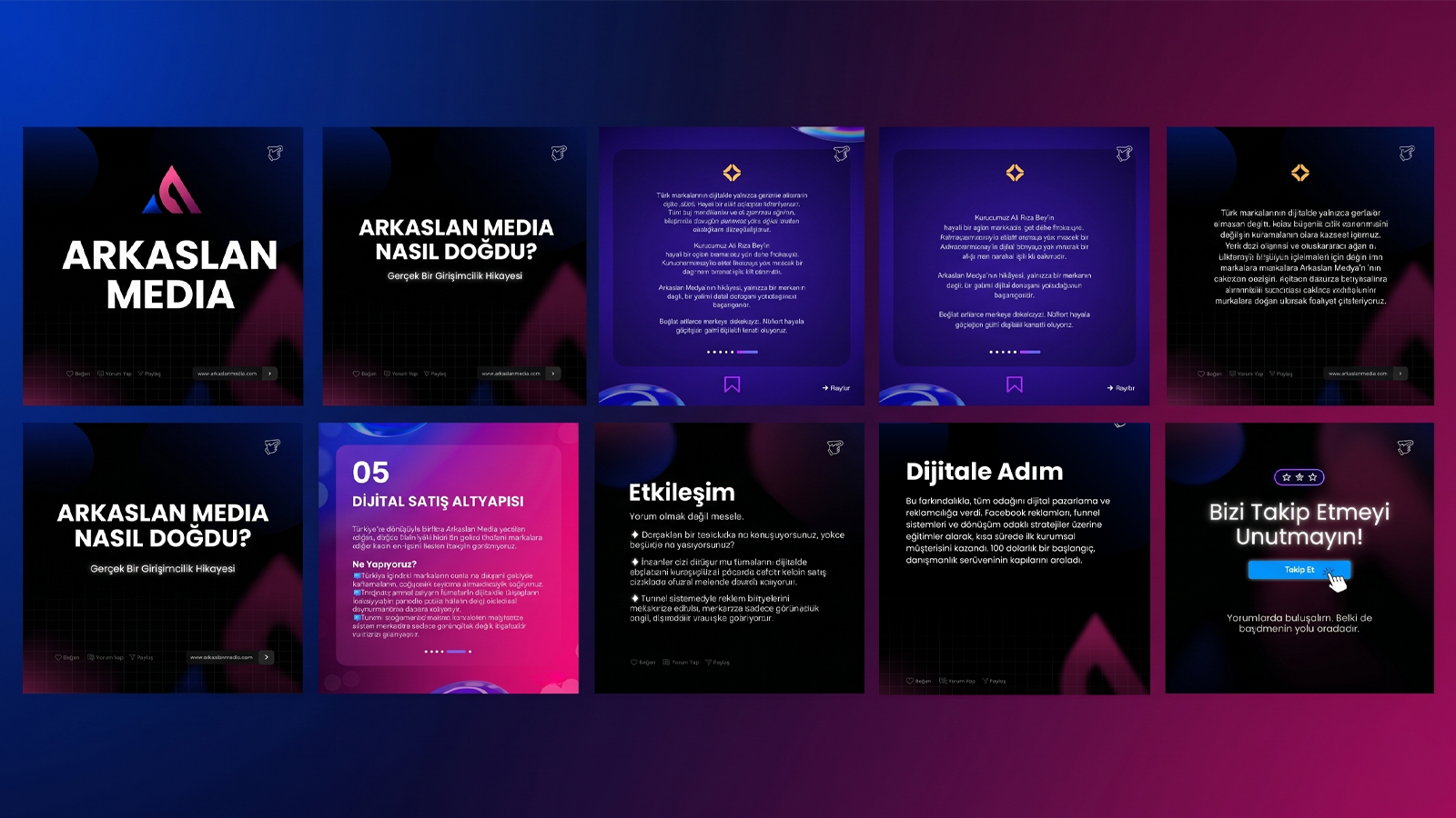 A digital presentation slide deck with multiple slides. The slides discuss 'ARKAŞLAN MEDIA,' digital marketing, interaction, and digital sales platform, featuring a dark background with vibrant pink and blue accents.
